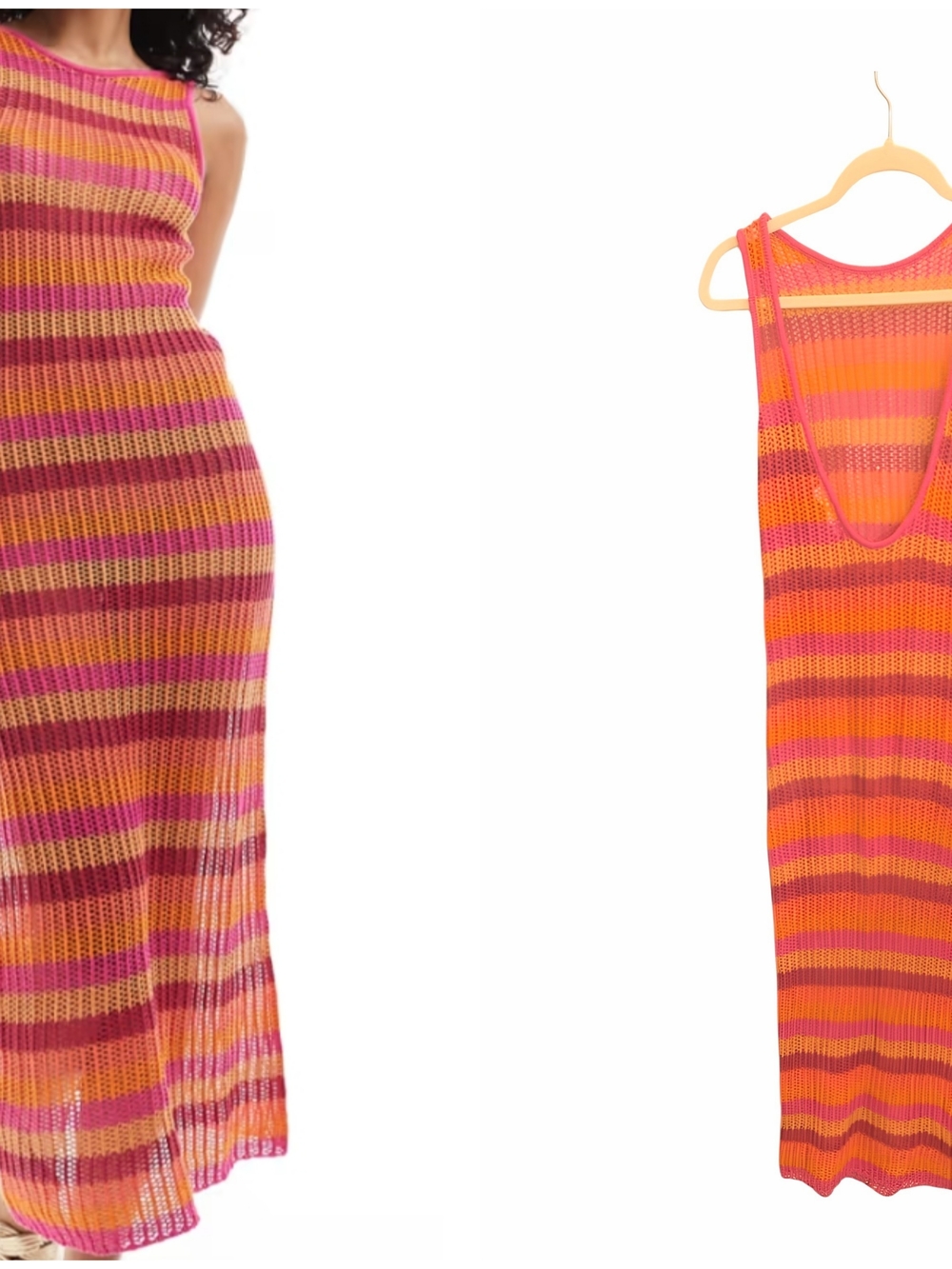 Mango Striped Knit Tank Maxi Cover Up in Pink & Orange